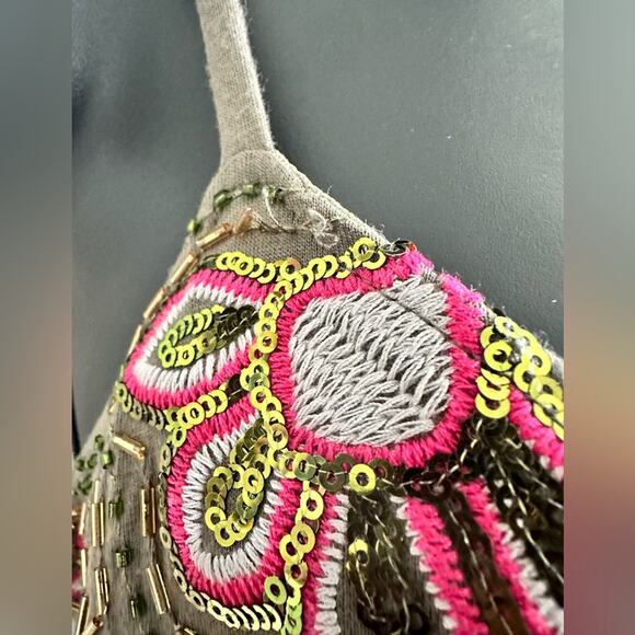 Vintage 2000s Sequin Slip Dress | Boho Y2K Glam Olive Green Pink Floral Size M - Picture 6 of 6